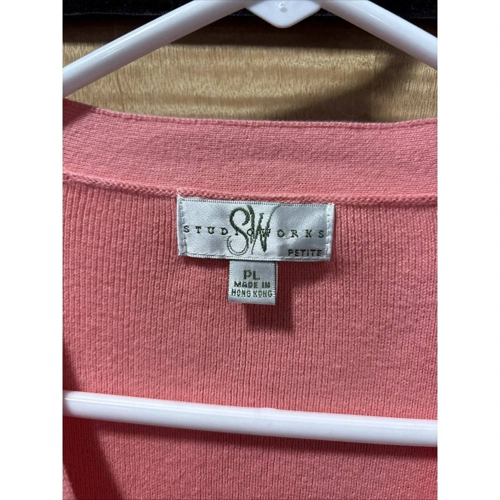 Studio works Button Down Long Pink Cardigan Petite Large 3/4 Sleeve Pearl Button